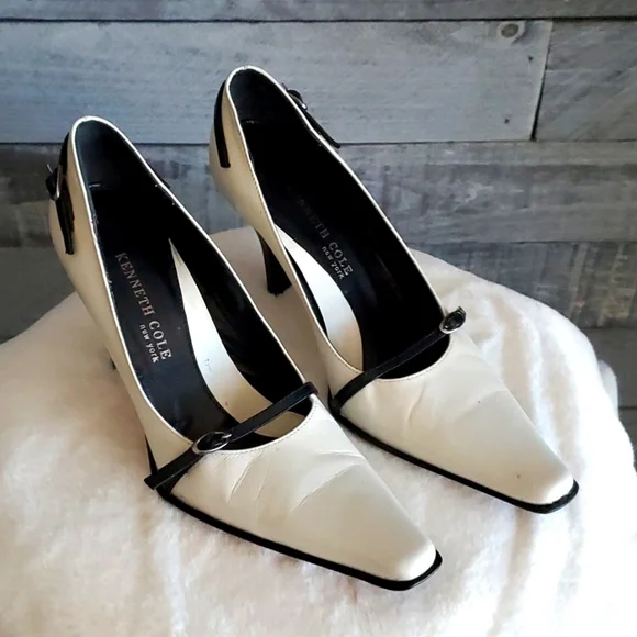 KENNETH COLE NEW YORK IVORY HEELS LEATHER SIZE 6 VINTAGE CLASSIC BLACK WHITE - Picture 2 of 14